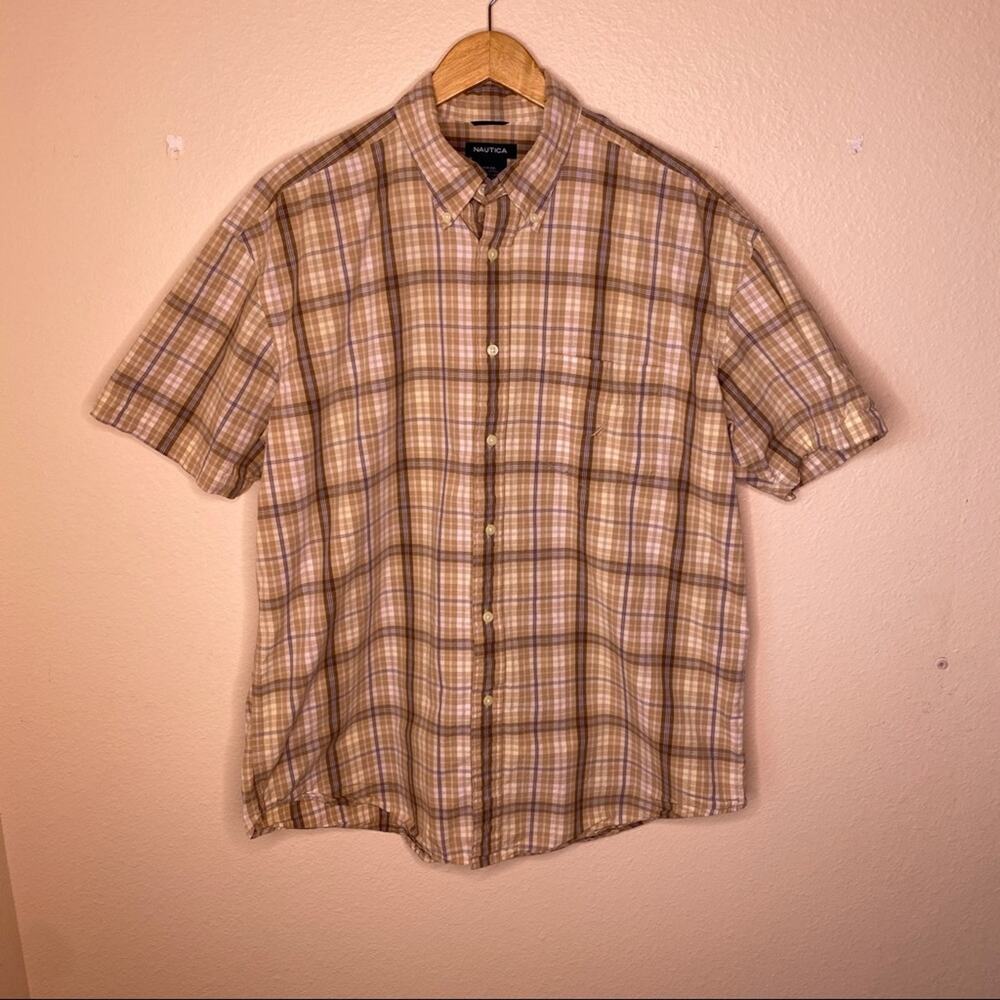 Nautica Tan Short Sleeve Button Up Plaid Woven XXL